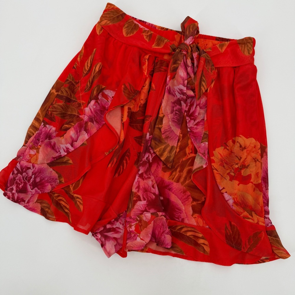 G by Giuliana Red Floral Mesh Ruffle Skort XS Tie Front Shorts Feminine Romantic